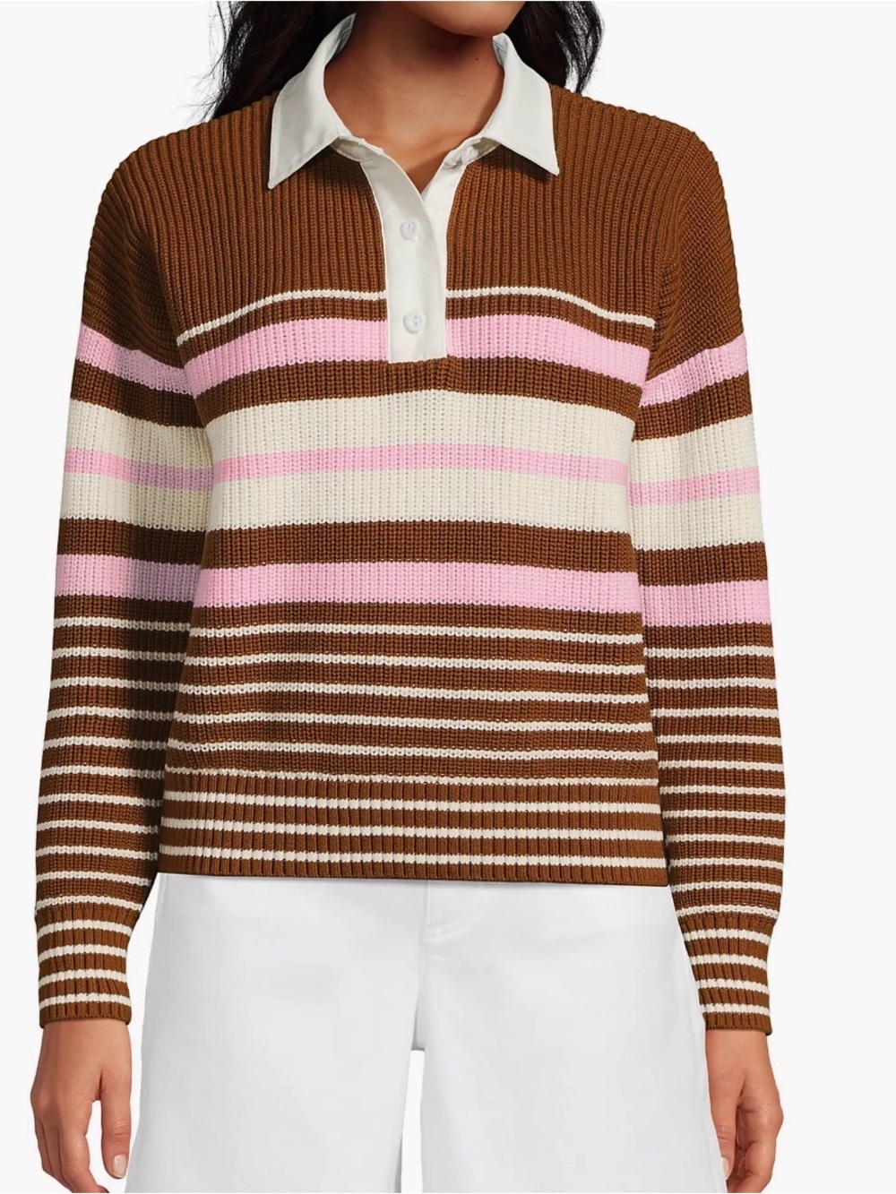 New Lands End Drifter Rugby with Woven Collar Sweater Large